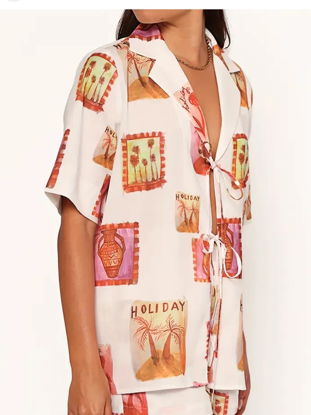 58. Petal and pup Holiday Print White Tie-Front Resort Shirt